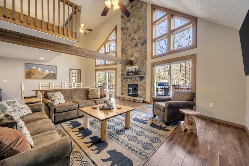Spacious and Rustic Open 2nd Floor Great Room with Massive Fireplace Wall
