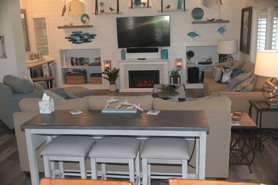 Added sofa table with bar stools and charging 2023