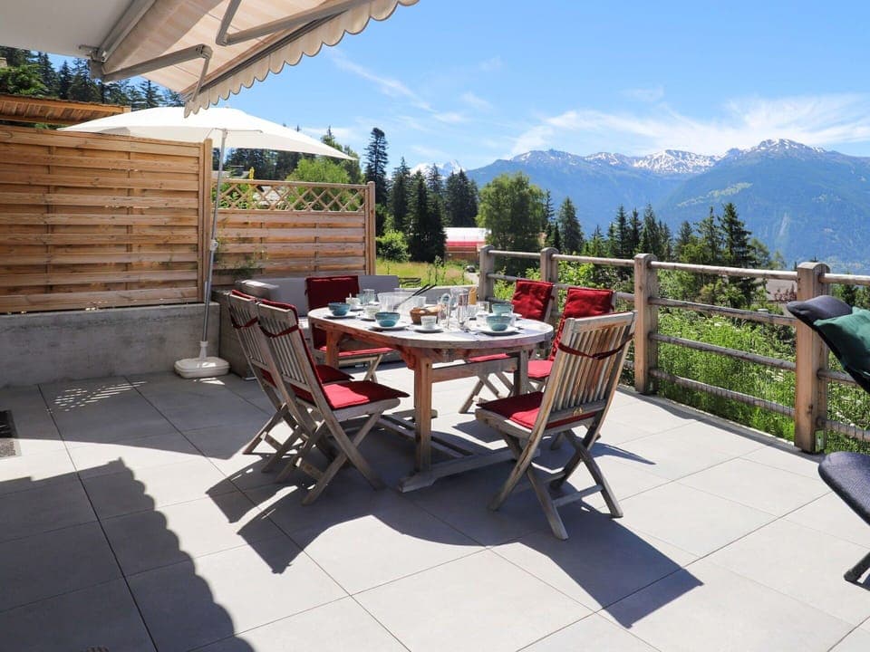 Table, Sky, Property, Furniture, Flowerpot, Mountain, Cloud, Chair, Wood, Plant