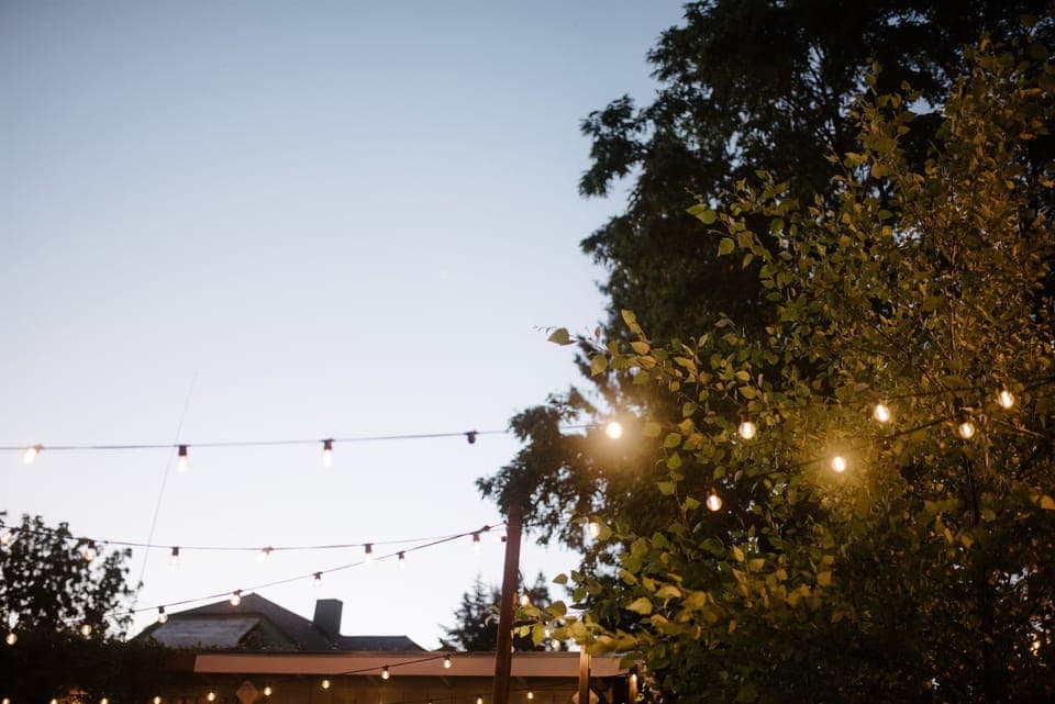 Enjoy dinner in the back yard under the string lights