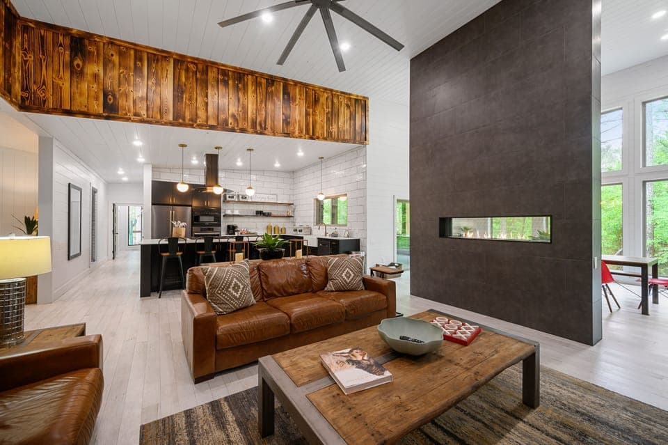 The living room seamlessly connects to the kitchen.