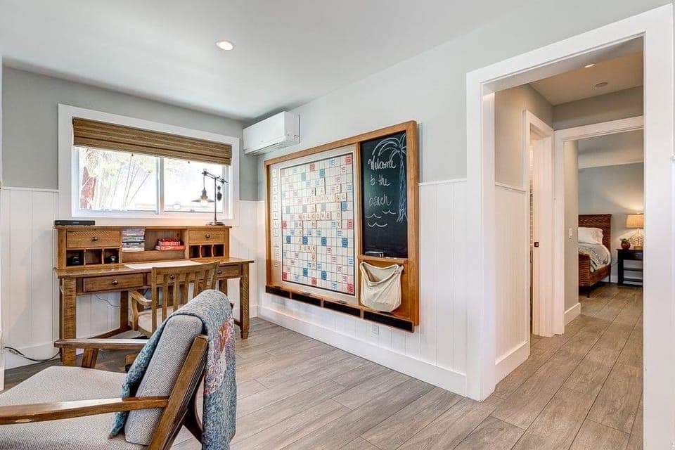 Bedrooms are located down the hall from the living area.
                