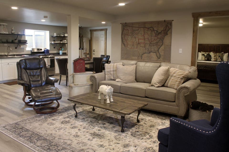 View from entrance (living room, kitchen, dining area and bonus room)
