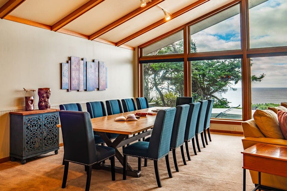 Dine together at this large dining table.