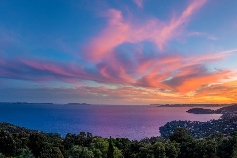 Sunset is changing every day from your terrasse, in front of the golden islands national park and the Marine park sanctuary Pelagos.