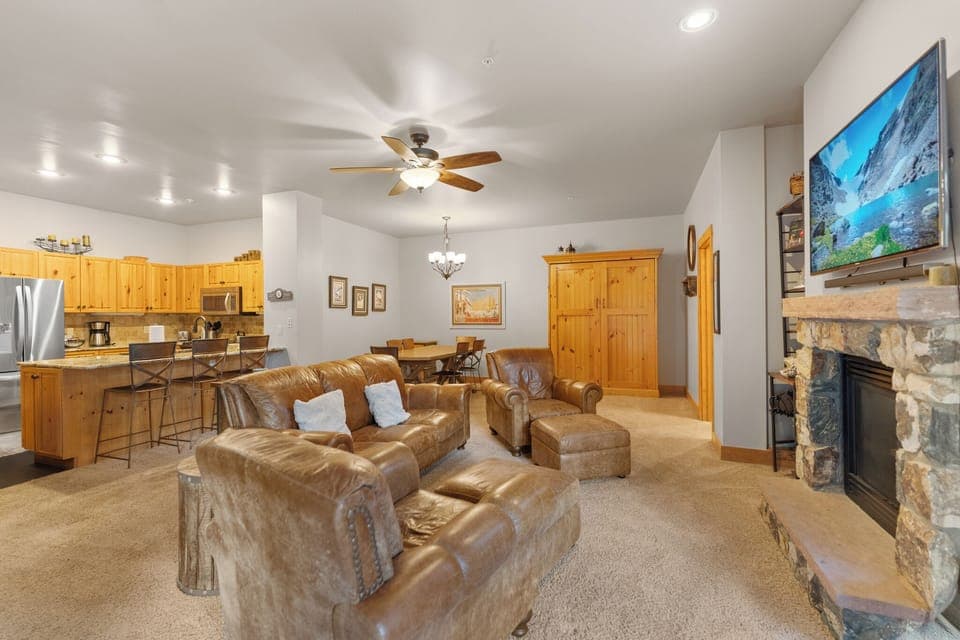The living area features ample seating around a cozy fireplace, mounted TV, and Murphy bed.