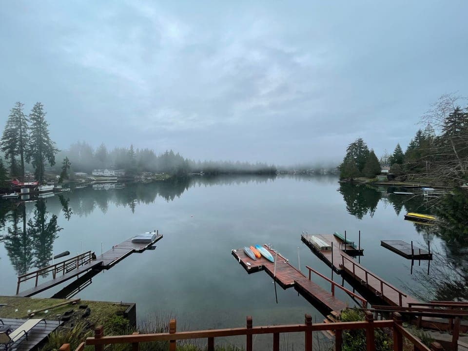 View of lake from deck. Gorgeous in the misty winter morning.