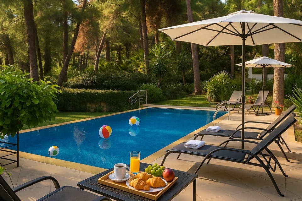 Private Pool with Umbrellas and Sunbeds
Relax by your secluded pool surrounded by trees, complete with sun loungers and shade.