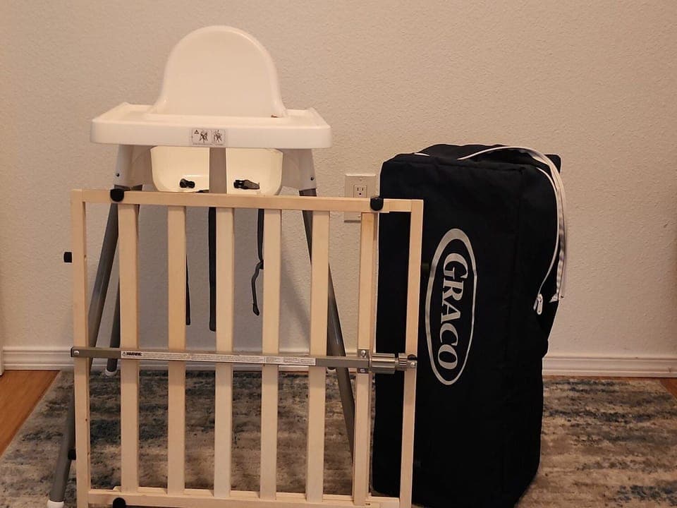 Pack n Play, Highchair, and Baby gate