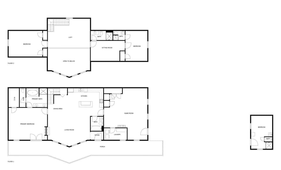 Floor plan of both floors plus the tiny house.