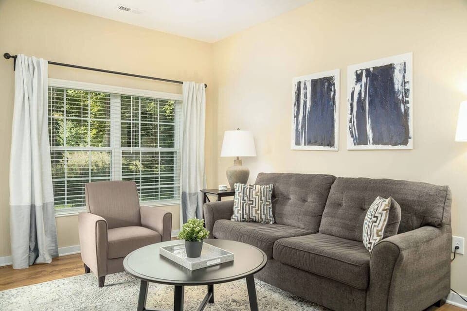 The furniture in this professionally designed apartment is not only attractive and modern, but also very comfortable. You'll love relaxing here after a long day.