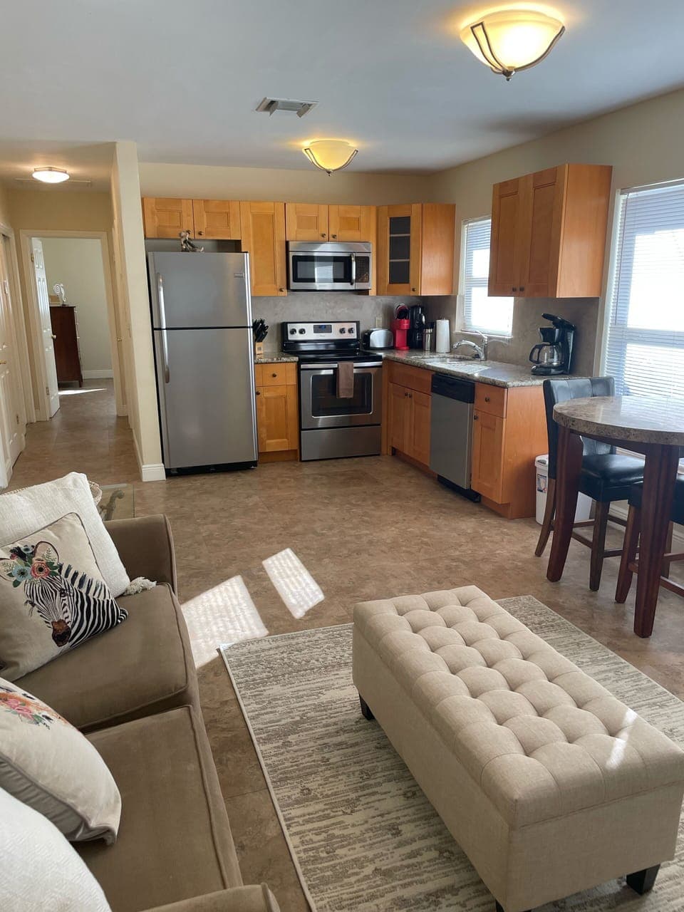 Living room and kitchen looking towards bedroom 