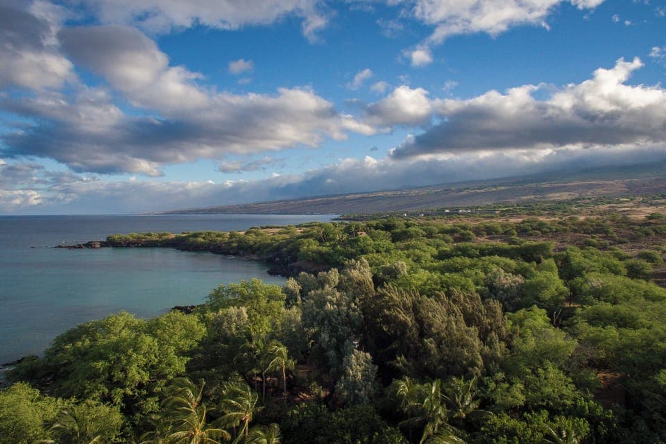 Scenic coastline with calm, clear waters and lush greenery—an ideal spot for peaceful nature walks and ocean views.