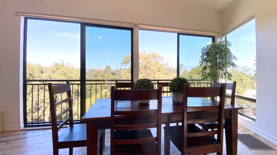 Dining area with mountain side view.