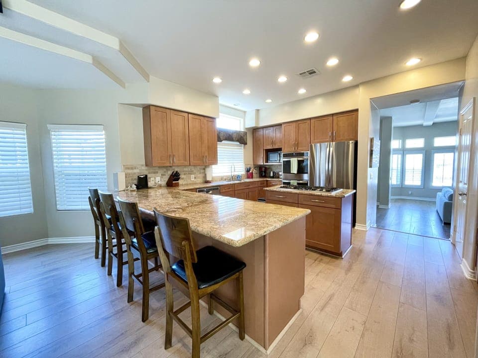 Gourmet kitchen with stainless steel appliances.