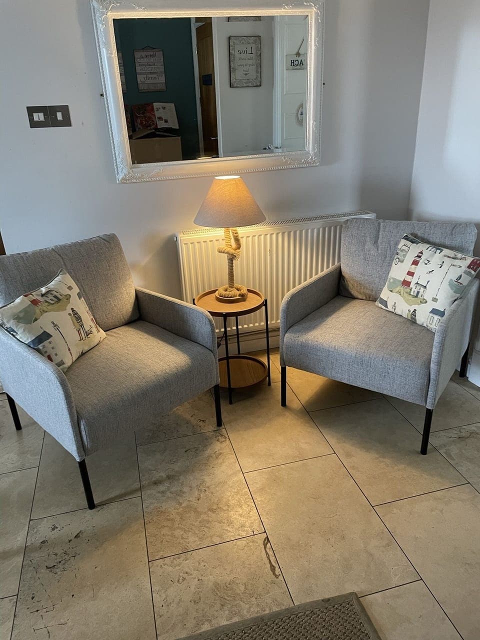 Seating in front of fireplace