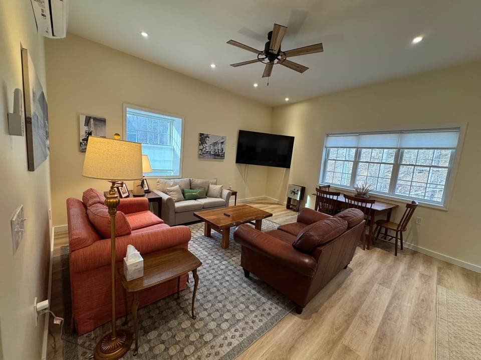 Living Room with 75" Roku TV and Dining Area