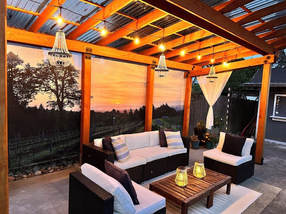 Custom Designed Trellis (not a kit) • Couch • Landscape lighting • BBQ • FirePit