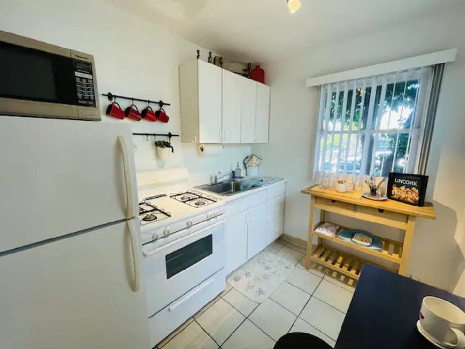 Spacious, bright kitchen equipped with basic essentials.