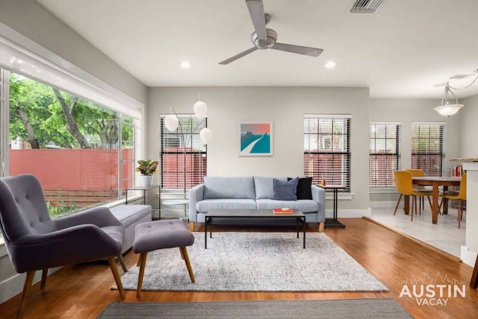 Spacious living room with large smart TV