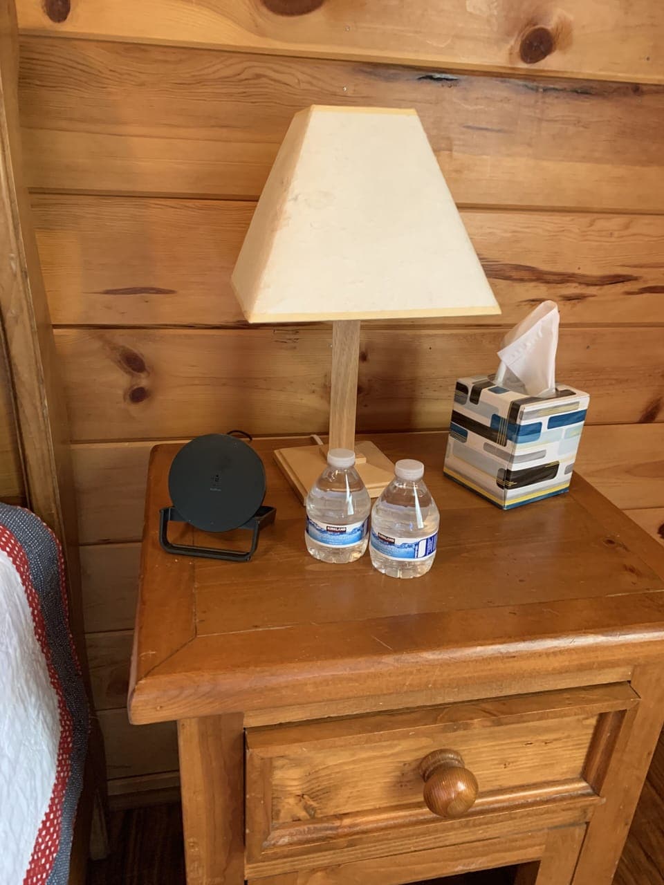 Every room has its own wireless charger, with bottles of water. Stay hydrated!