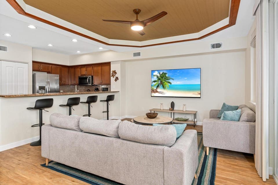 Open layout connects the living room with dining area and kitchen