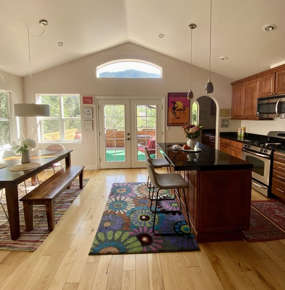 Kitchen and dining area and deck outside