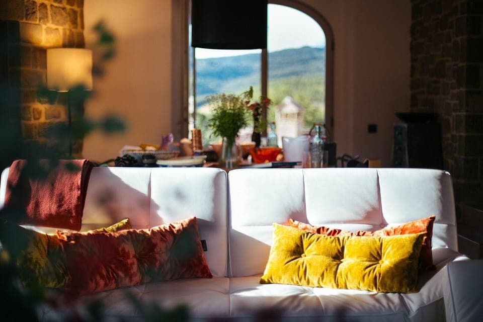 Couch, Property, Furniture, Building, Light, Table, Comfort, Plant, Orange, Window