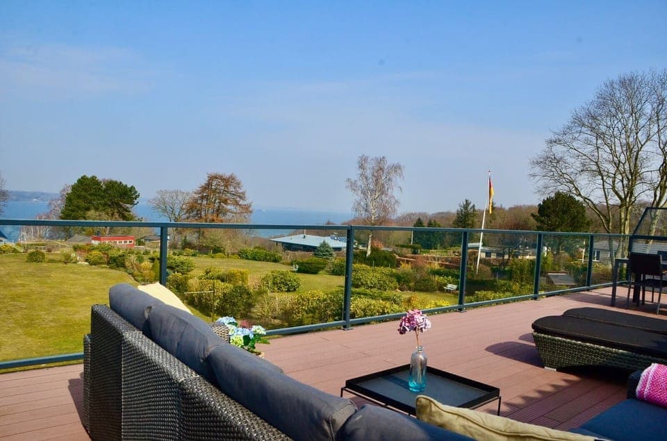 sunny terrace with comfortable seating area