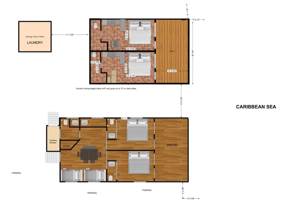 Floor plan. Teal on top, Pink on the bottom. Caribbean to the right. (East)