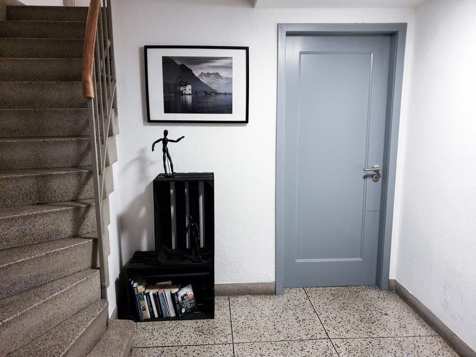 Building entrance. The grey door leads to the laundry area. 