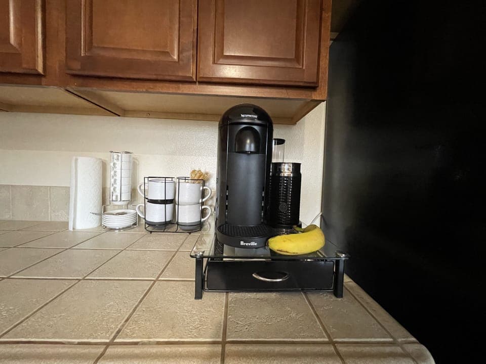 Nespresso gourmet coffee with milk frother for cappuccino’s on the balcony!