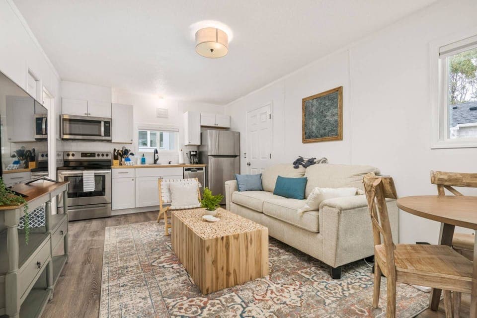A full kitchen and comfy living room are part of this rental.