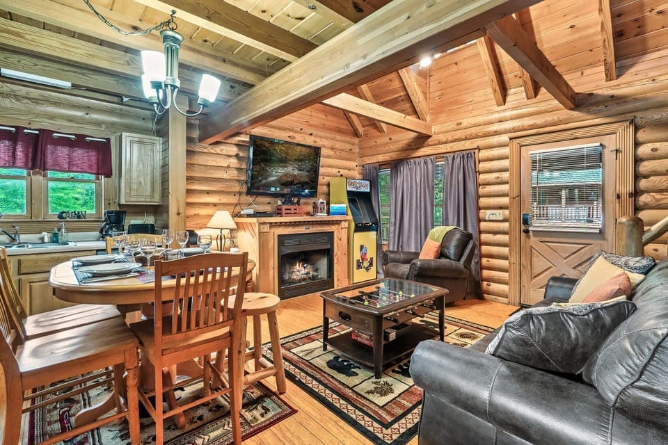 Family room showing cabin entrance and dining area