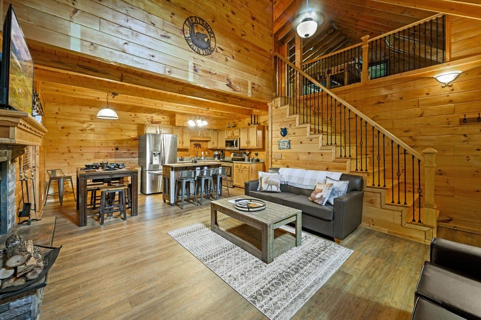 living room with view of loft 