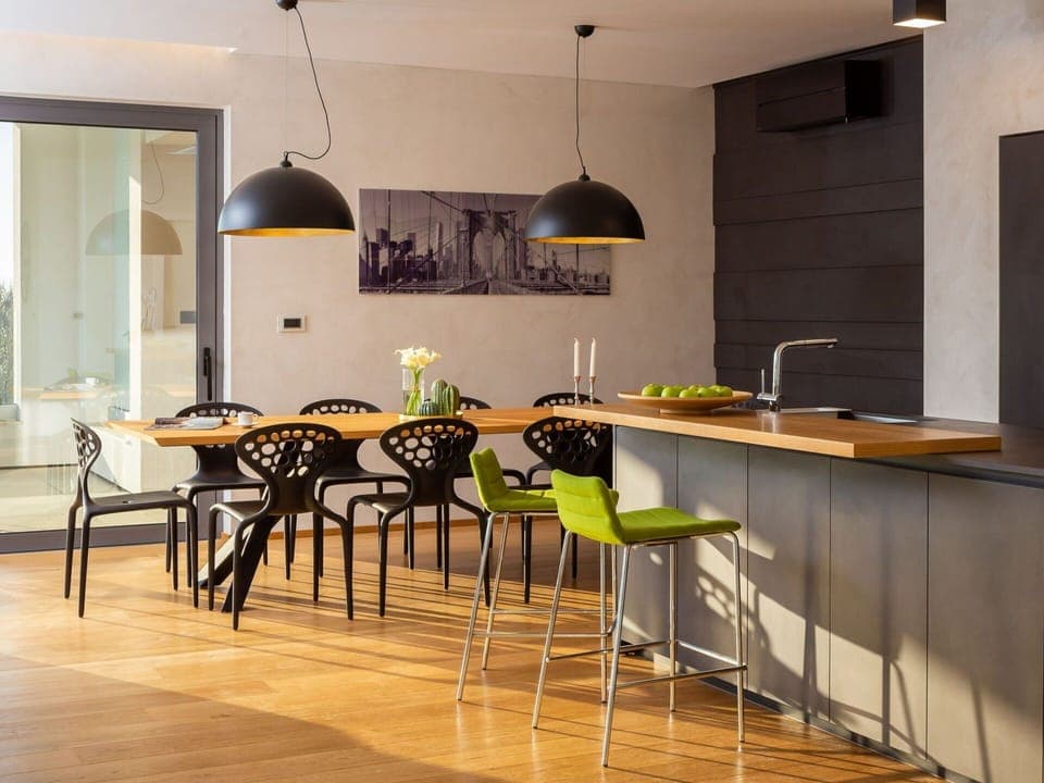 Table, Furniture, Countertop, Kitchen, Cabinetry, Wood, Chair, Flooring, Interior Design, Home Appliance