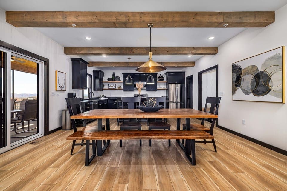 This open kitchen, dining and living room floorplan is perfect for those family gatherings