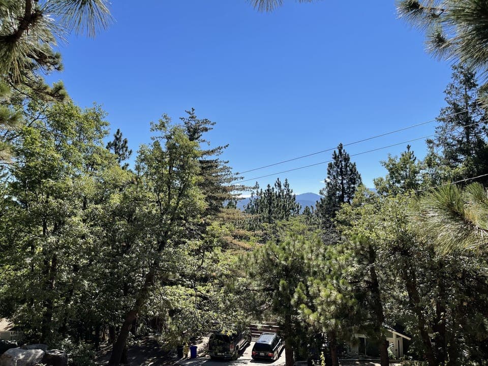 View of the Big Bear Mountains from the huge stone level courtyard