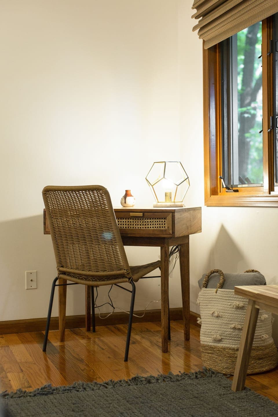 A work desk in the primary bedroom.