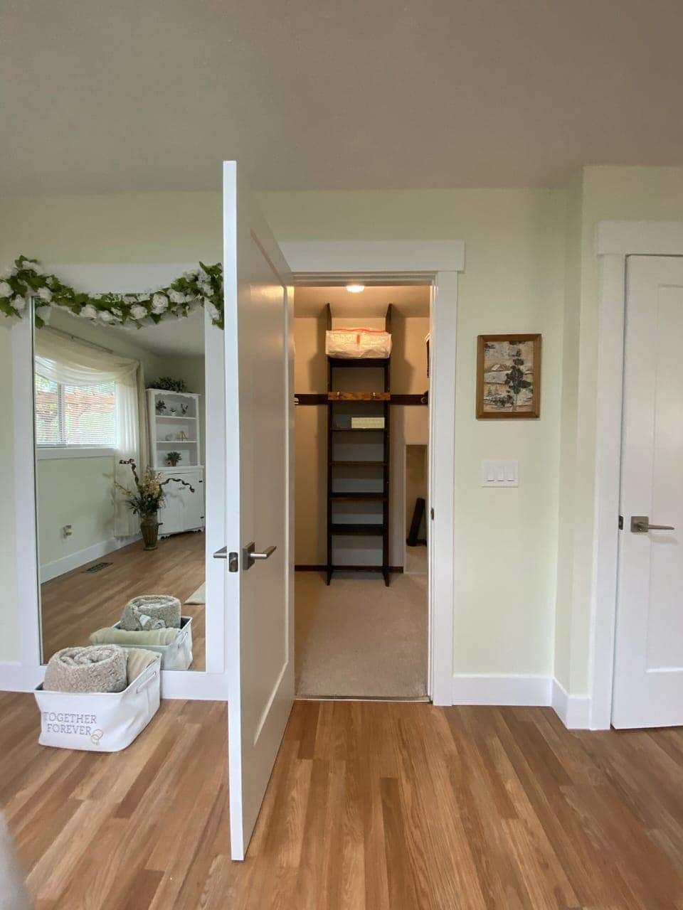 Walk in closet, big mirror in master bedroom