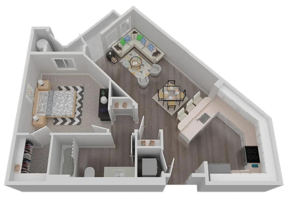Here's a floor plan of the space to map out your stay before you arrive (actual staging of room is different from this model)