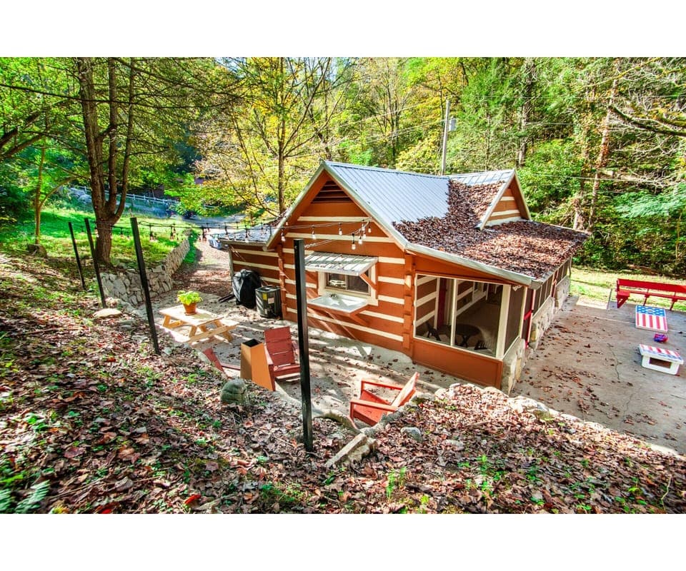 This picturesque cabin blends rustic charm with modern comfort, nestled in a tranquil wooded setting.