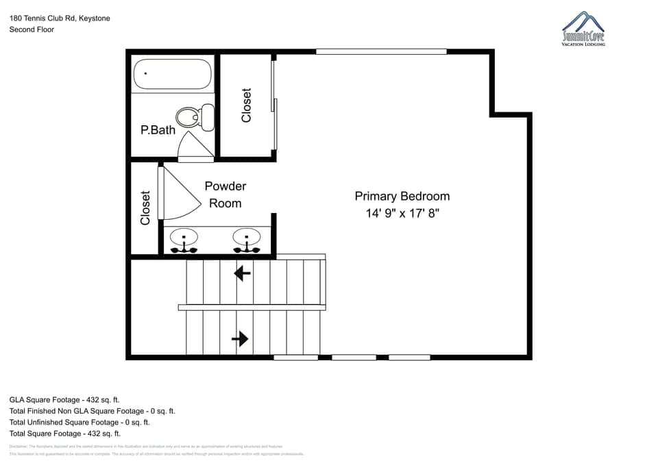 Clear floor plan showing the second floor layout with primary bedroom, private bath, and powder room arrangement.