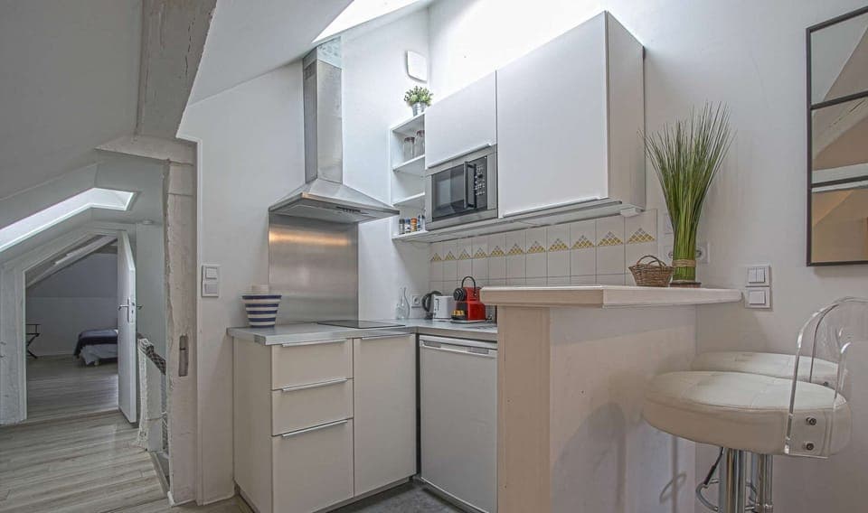 Suite la Baleine - Kitchen (Induction stove, Microwave, Fridge, Sink, Storage, Toaster, Nespresso, Kettle &amp; Tea pot, Plates, Bowls, Cups, Cuttlery, Pots &amp; pans, various utensils)