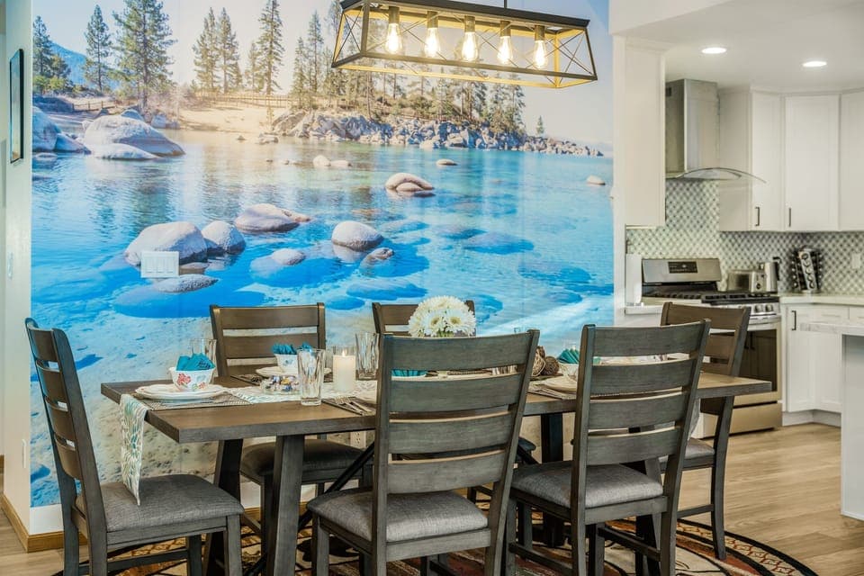 Beautiful lake mural on accent wall