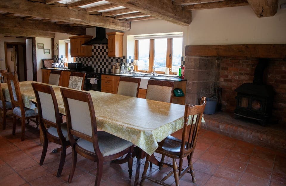 Log burner in the ingle nock fireplace of the kitchen
