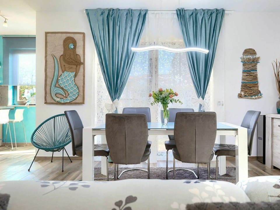 Decoration, Property, Window, Building, Plant, Table, Blue, Azure, Couch, Textile