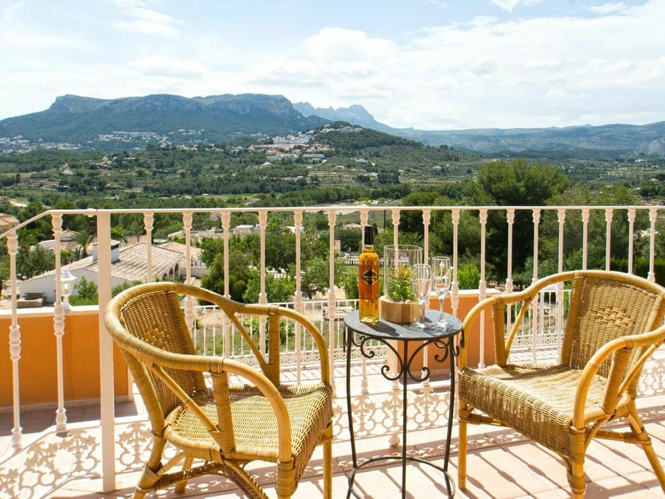 Sky, Furniture, Cloud, Chair, Plant, Table, Wood, Mountain, Fence, Outdoor Furniture