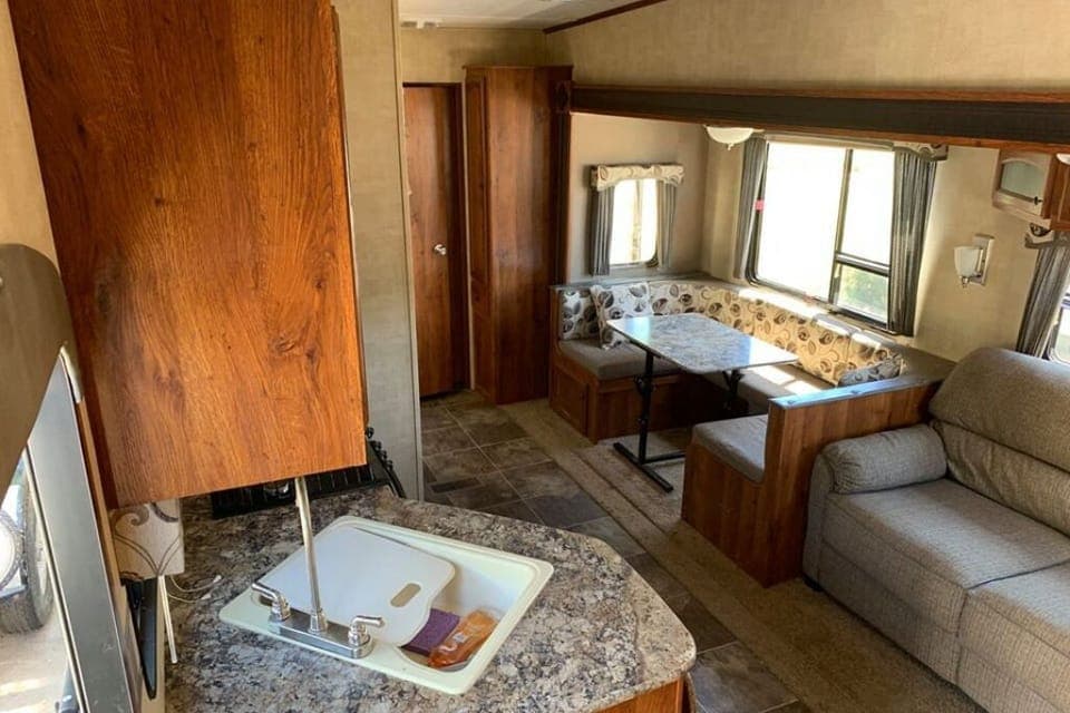 The spacious open plan kitchen/living area.