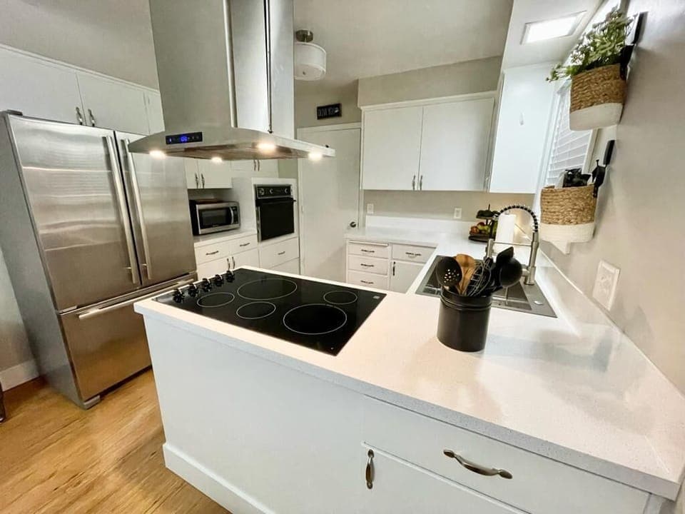 Kitchen with all new stainless steel appliances. 